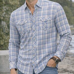 7 Diamonds Blue Plaid Button Down Shirt Men’s Casual Western Snap Shirt
